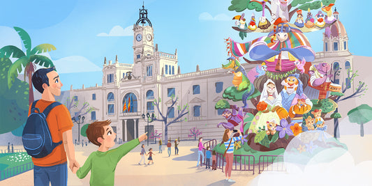 Hugo y la ninot indultada. En Valencia